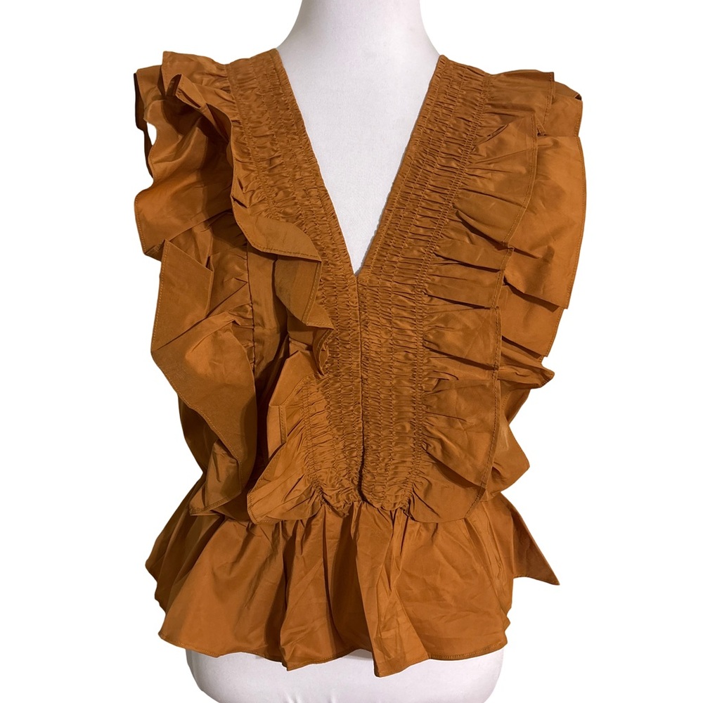 Ruffled V Neck Blouse in Warm Orange